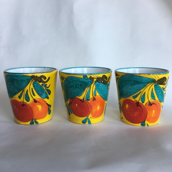 3 Mini Vintage Planter Pots Italy Majolica Painted Cherries Handmade Yellow Red - Picture 2 of 15